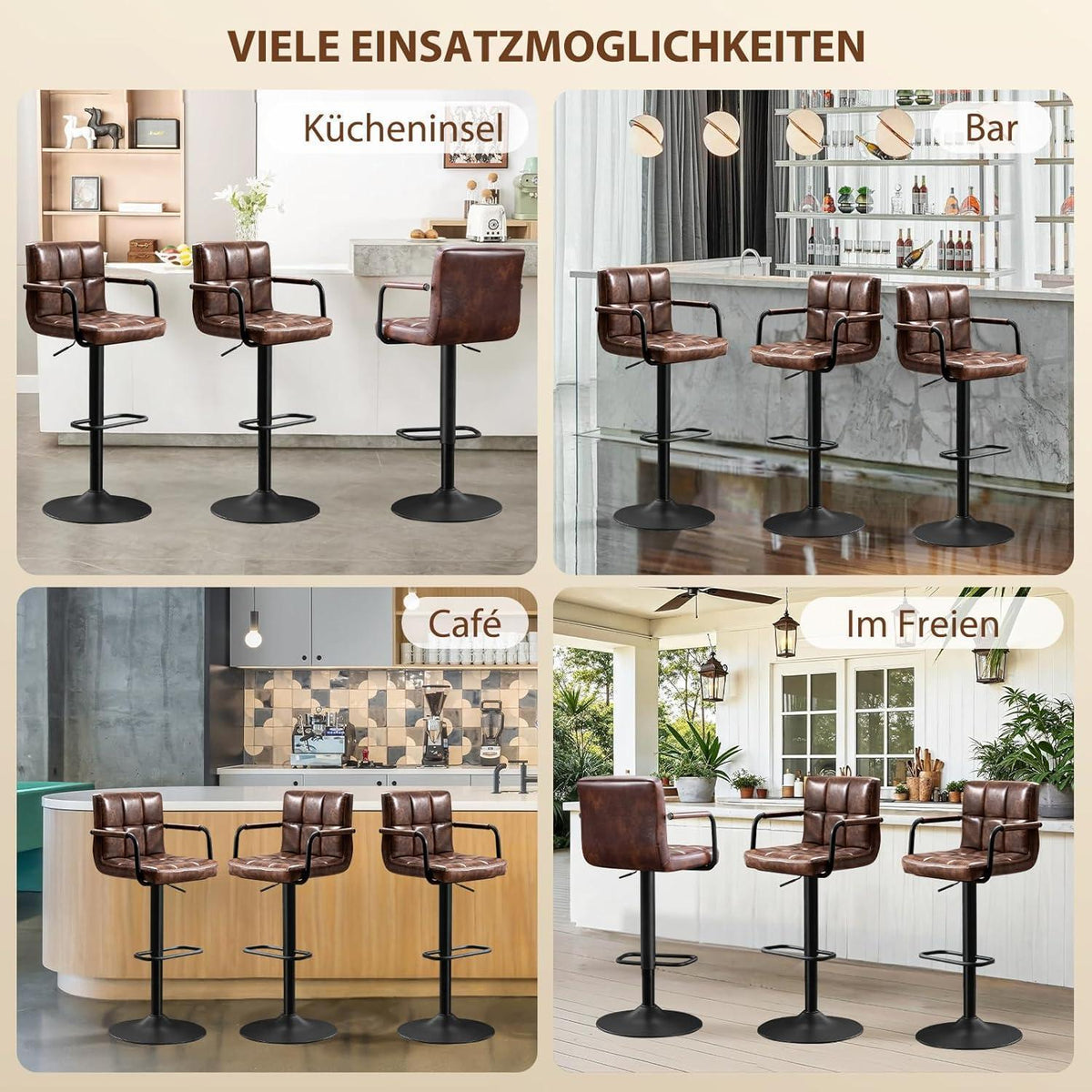 Barhocker Set 2x, Höhenverstellbar, Dunkelbraun in Lederoptik