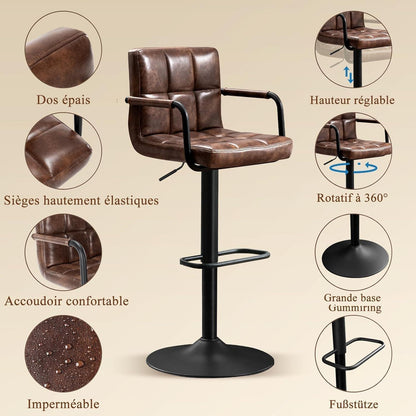 Barhocker Set 2x, Höhenverstellbar, Dunkelbraun in Lederoptik