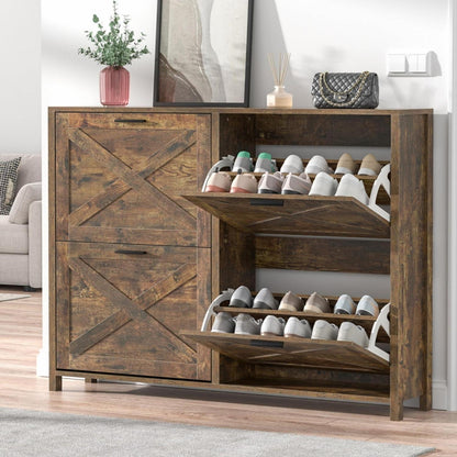 Schuhschrank schmal mit 4 Klappen – Retro Braun & FSC-Holz