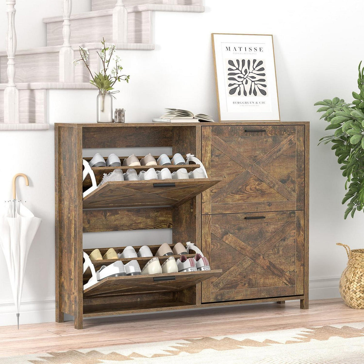 Schuhschrank schmal mit 4 Klappen – Retro Braun & FSC-Holz