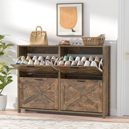 Schuhschrank schmal mit 4 Klappen – Retro Braun & FSC-Holz