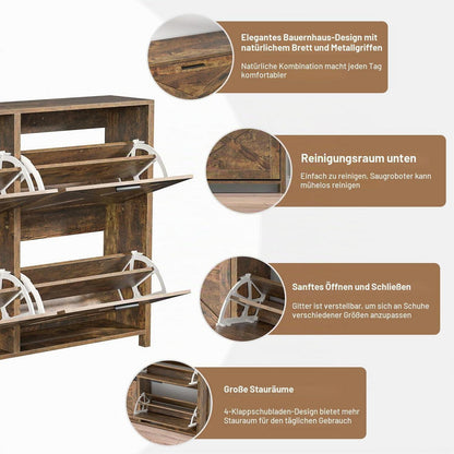 Schuhschrank schmal mit 4 Klappen – Retro Braun & FSC-Holz
