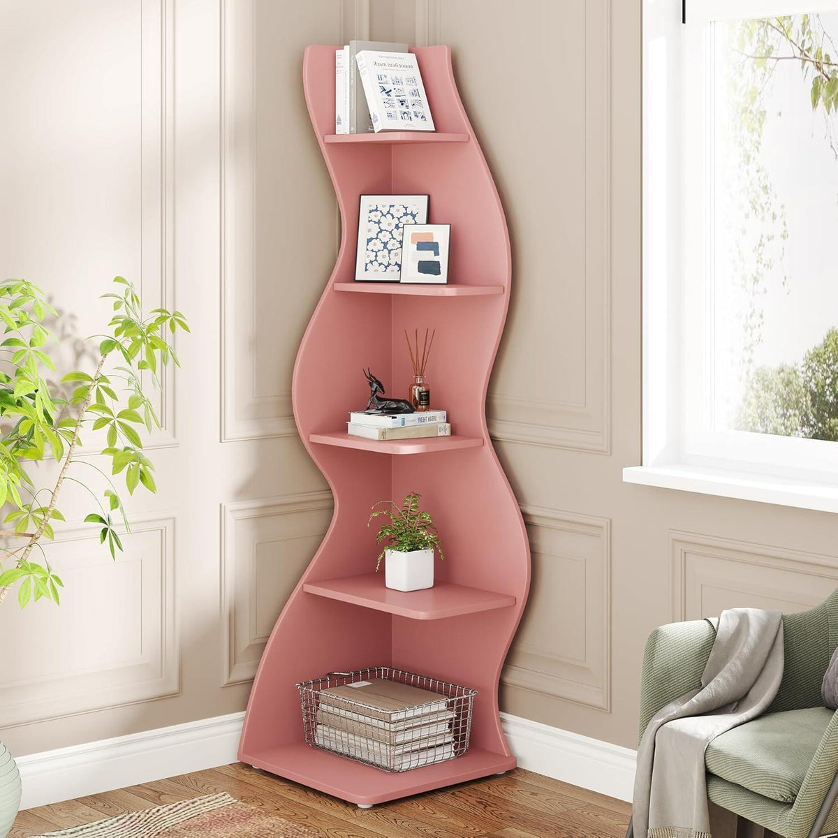 5-stufiges Eckregal Rosa – Bücherregal & Pflanzenständer