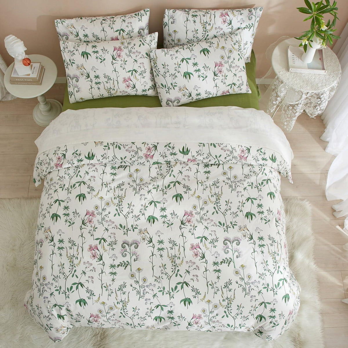 Blumen Bettwäsche Set 200x220 Baumwolle Weiß 3tlg.