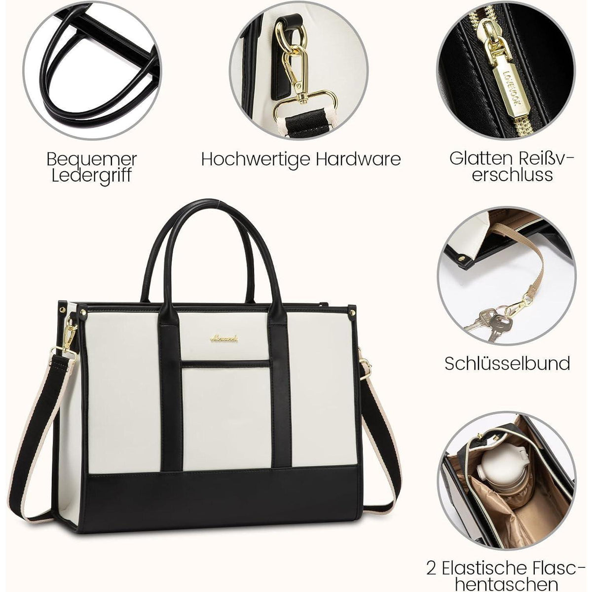 Laptoptasche Damen 15,6 Zoll, wasserdicht, Arbeitstasche, beige+schwarz