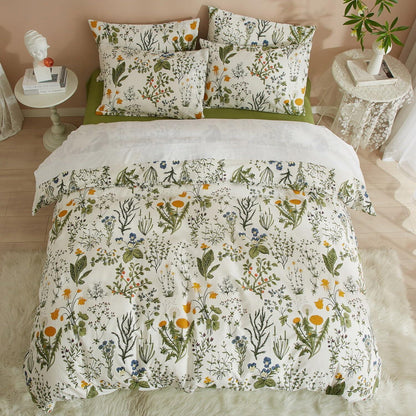 Blumen Bettwäsche Set 135x200 Baumwolle Weiß Grün 4tlg.