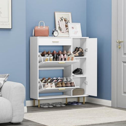 Weißer Schuhschrank mit Klappen & Schublade – Schuhregal für 14-18 Paar