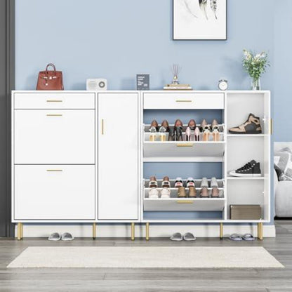 Weißer Schuhschrank mit Klappen & Schublade – Schuhregal für 14-18 Paar