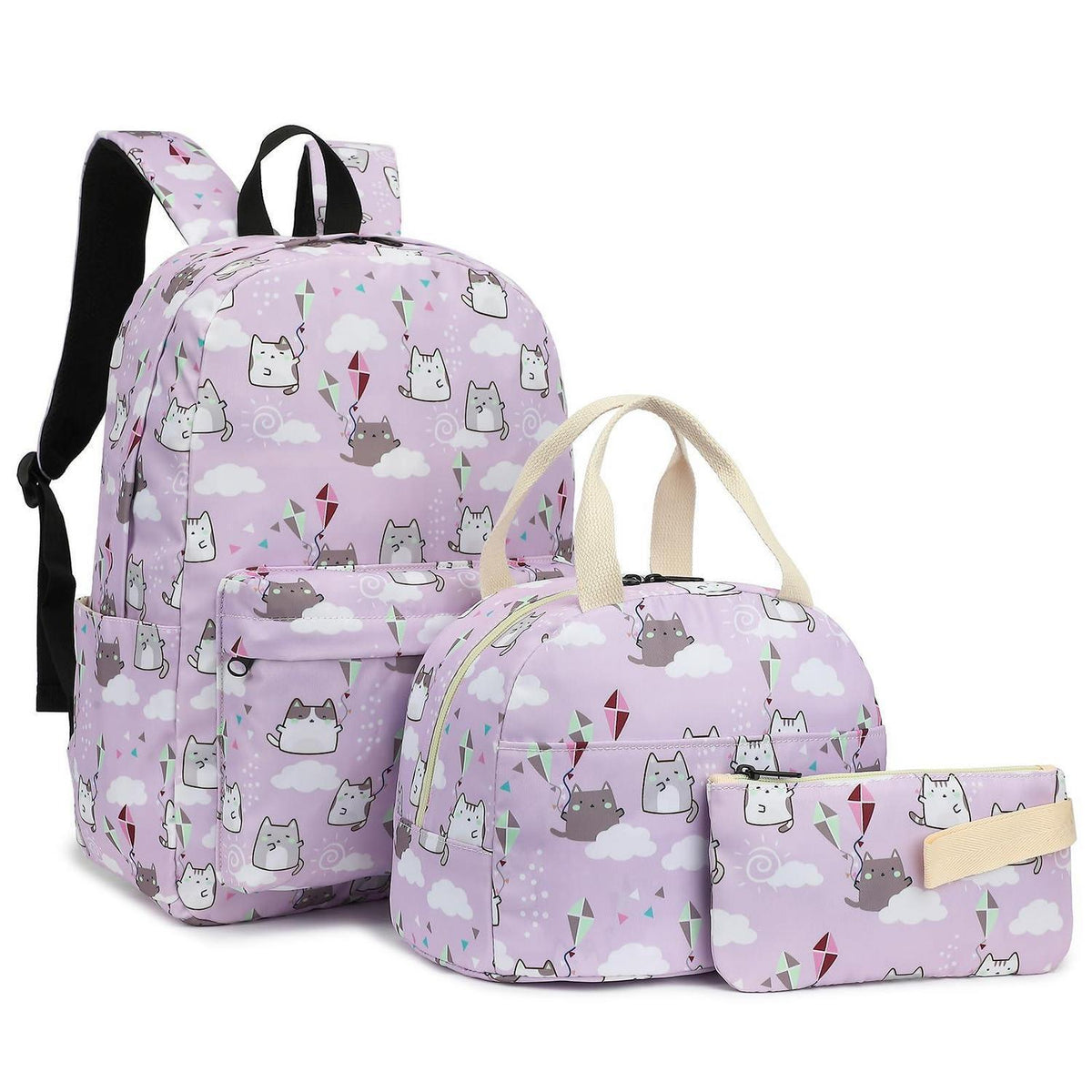 Schulrucksack Set Mädchen Katze Lila – Rucksack, Lunch Tasche & Federmäppchen