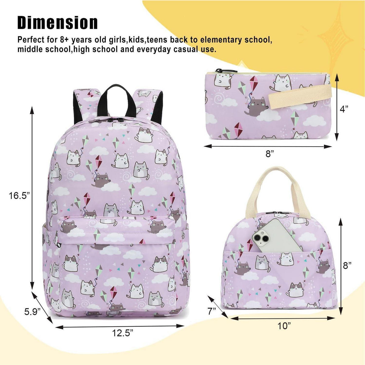 Schulrucksack Set Mädchen Katze Lila – Rucksack, Lunch Tasche & Federmäppchen