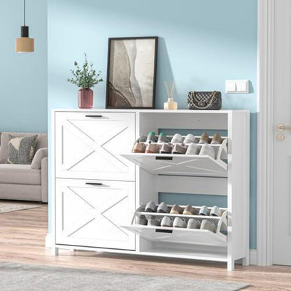 Weißer Schuhschrank mit 2 Klappen & Schublade – 120x24x89cm