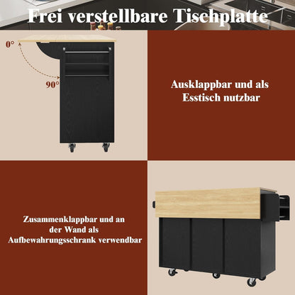 Klappbare Kücheninsel mit Stauraum & Snackregal Schwarz