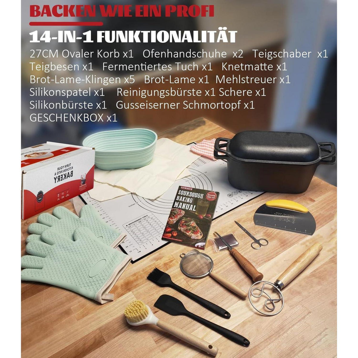 Gusseisen Brotbacktopf Set mit Gärkorb & Dutch Oven