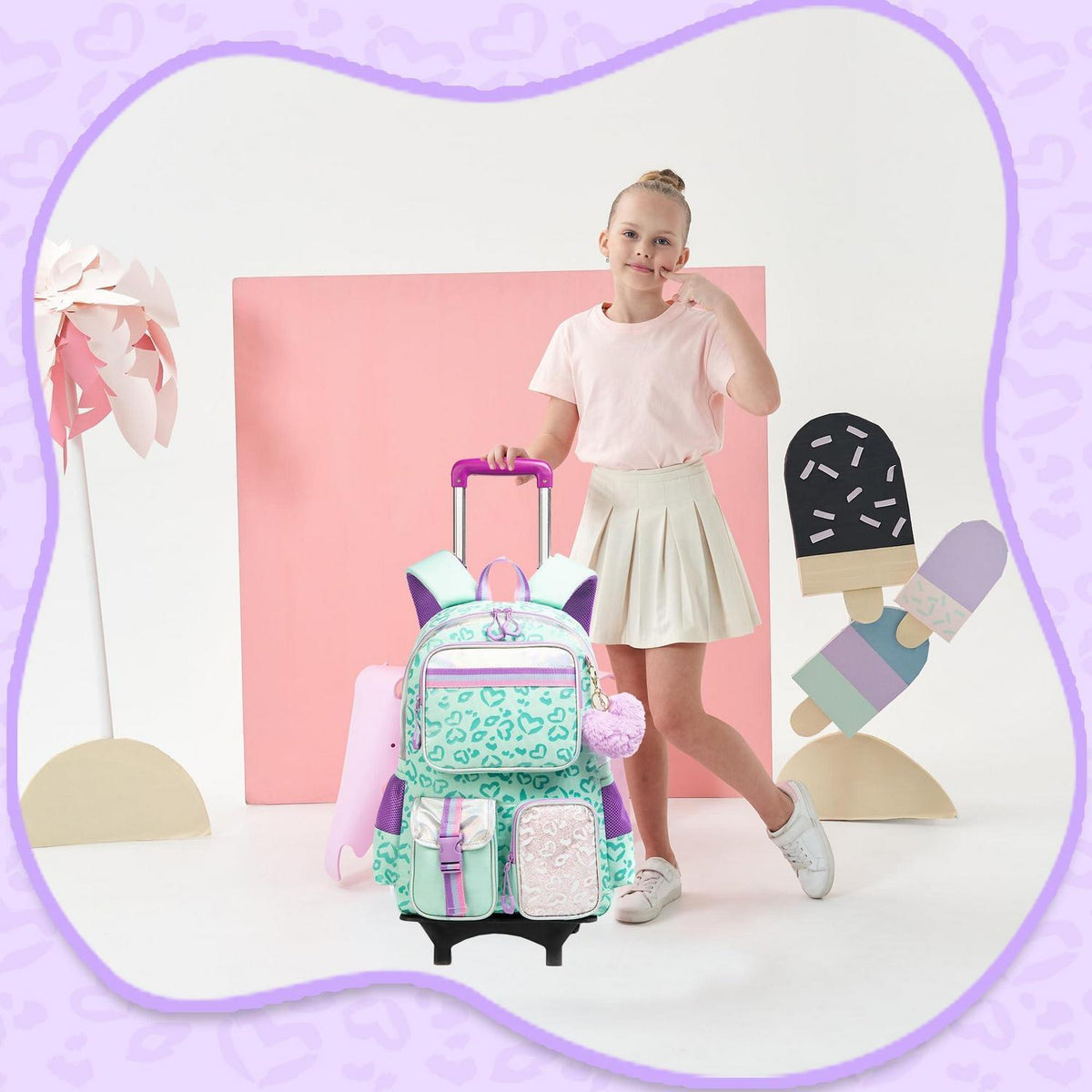 Kinder Trolley Rucksack mit Rollen – Grüner Schulrucksack für Mädchen
