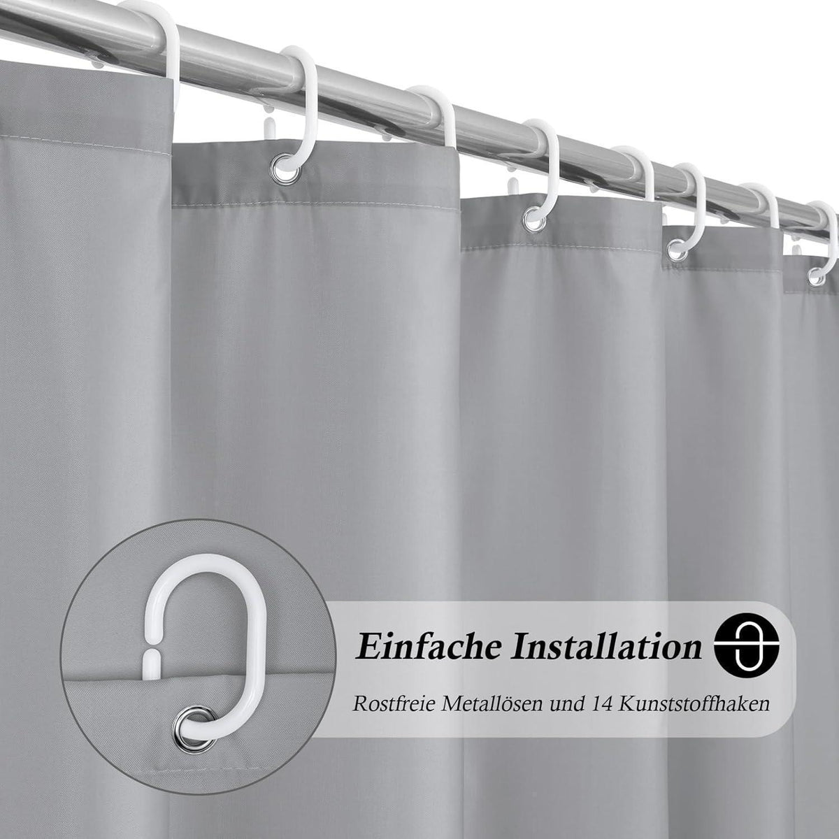 Duschvorhang Stoff 220cm lang, Grau, Wasserdicht & Waschbar