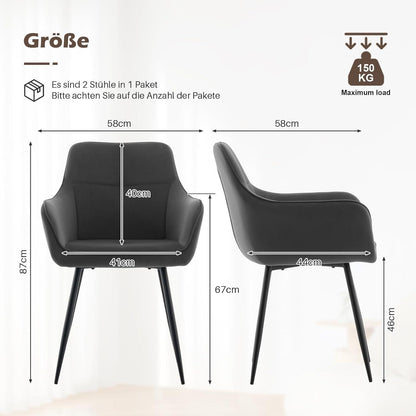 Graue Samt Esszimmerstühle 4er-Set mit Armlehnen & Metallgestell