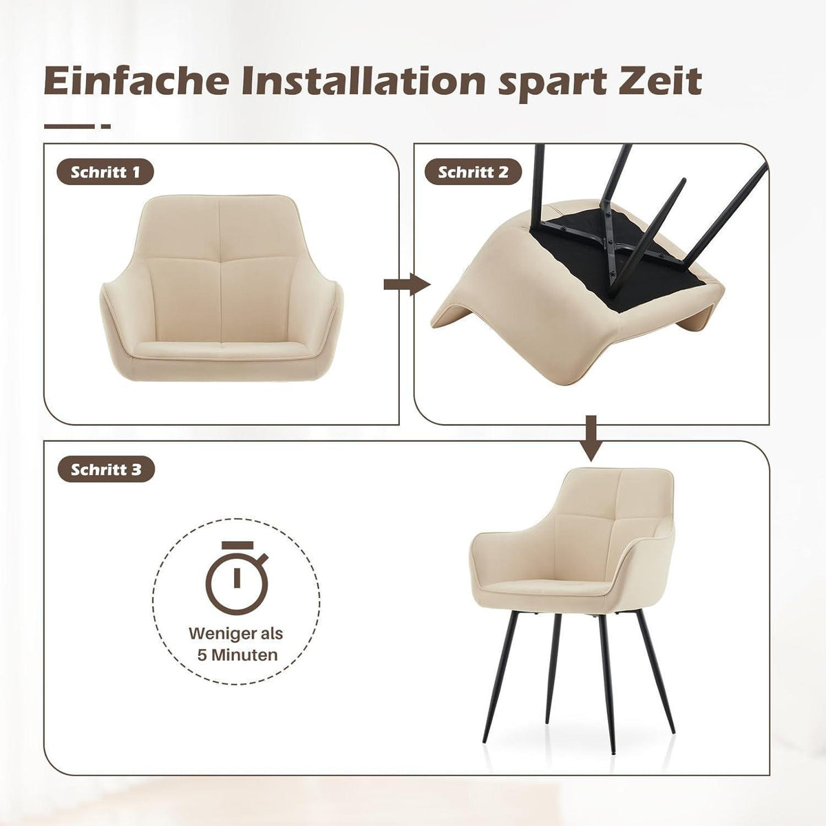 Beige Samt Esszimmerstühle 4er-Set mit Armlehnen