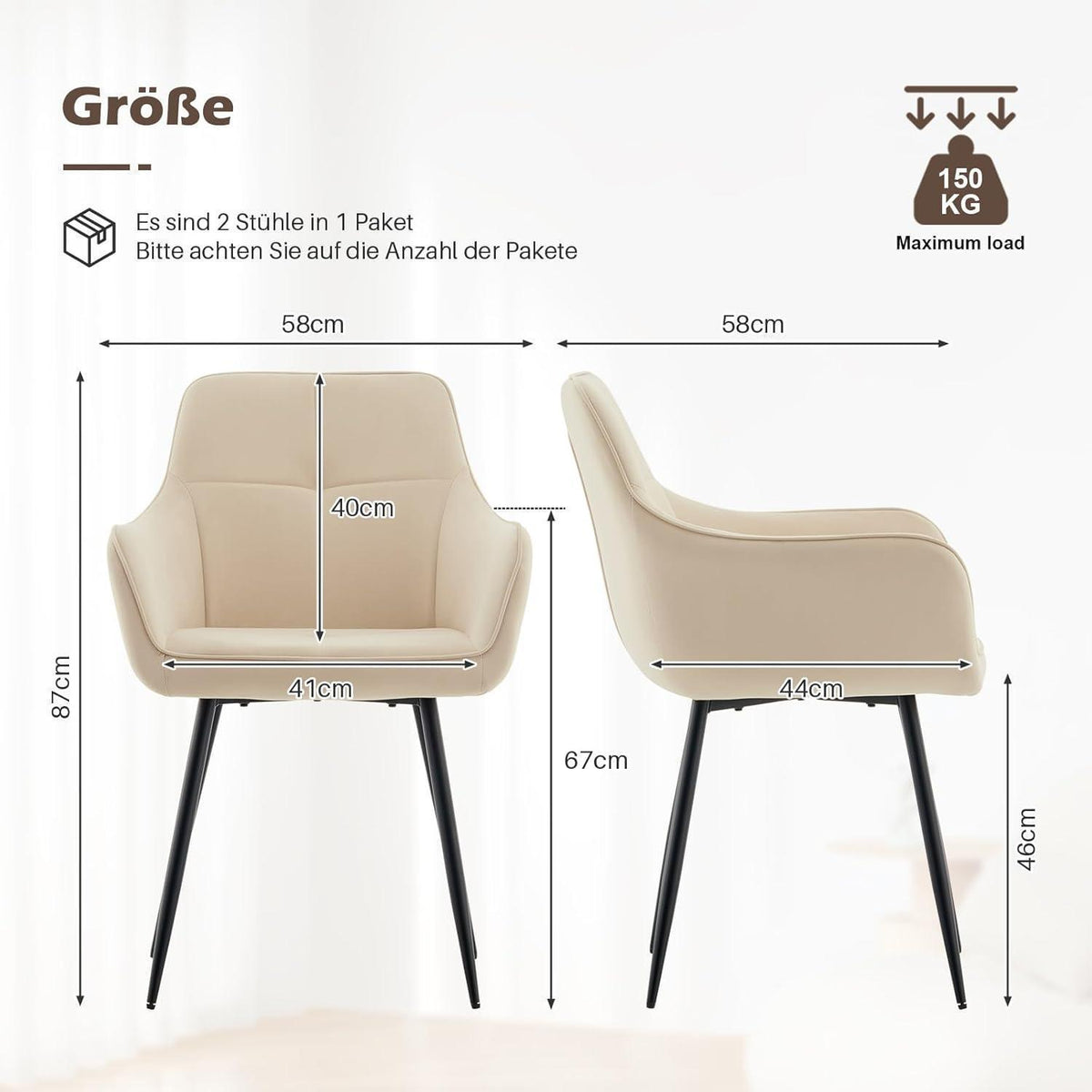 Esszimmerstühle 6er-Set Beige Samt mit Armlehne & Metallgestell