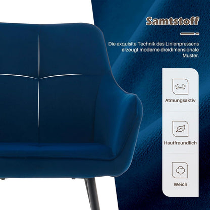 Esszimmerstühle 2er Set Blau Samt mit Armlehne