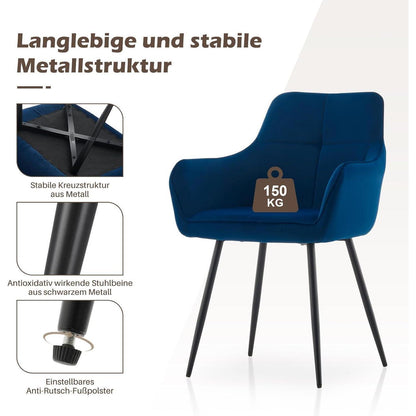 Esszimmerstühle 2er Set Blau Samt mit Armlehne