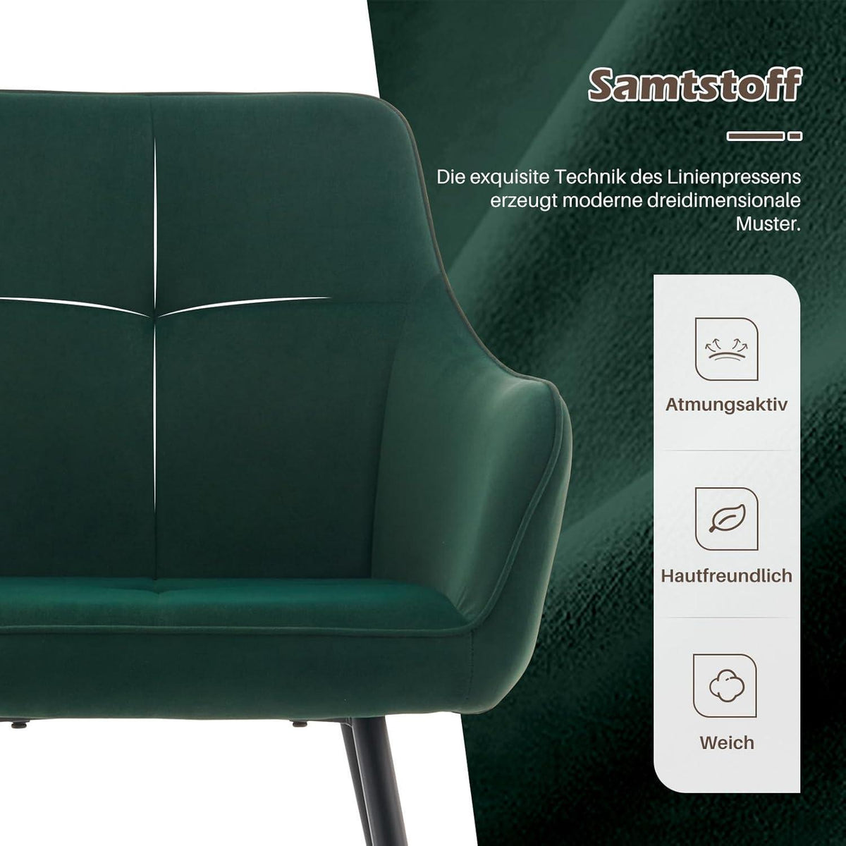 Samt Esszimmerstühle 4er Set mit Armlehnen, Grün