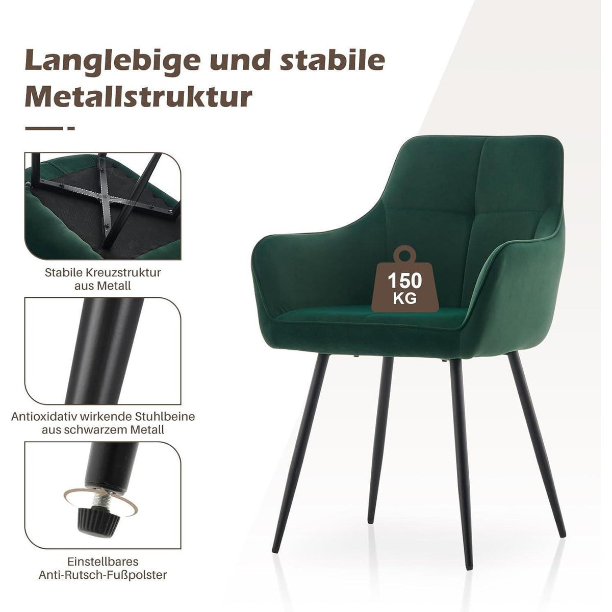 Samt Esszimmerstühle 4er Set mit Armlehnen, Grün