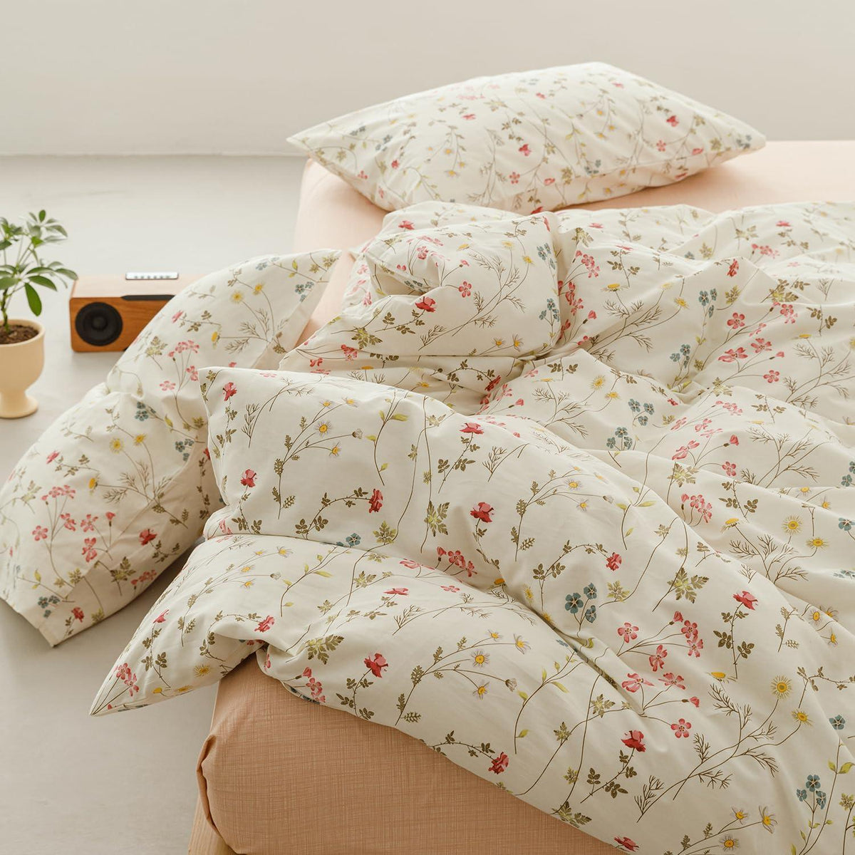 Blumen Bettwäsche Set 220x240 cm Beige Baumwolle 3tlg.