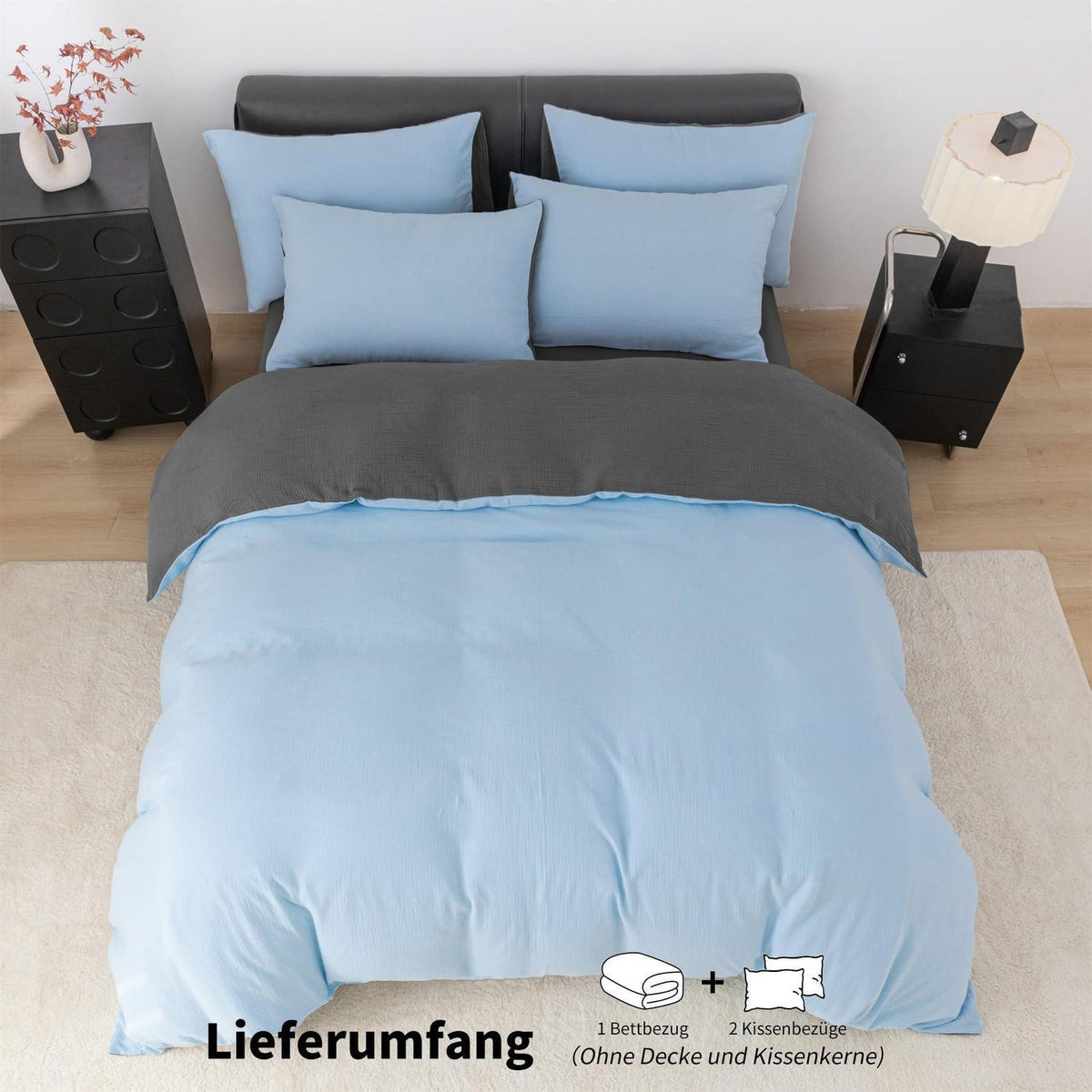 Doppelte Muslin Bettwäsche 200x200 Blau Grau – 3-teilig & Atmungsaktiv