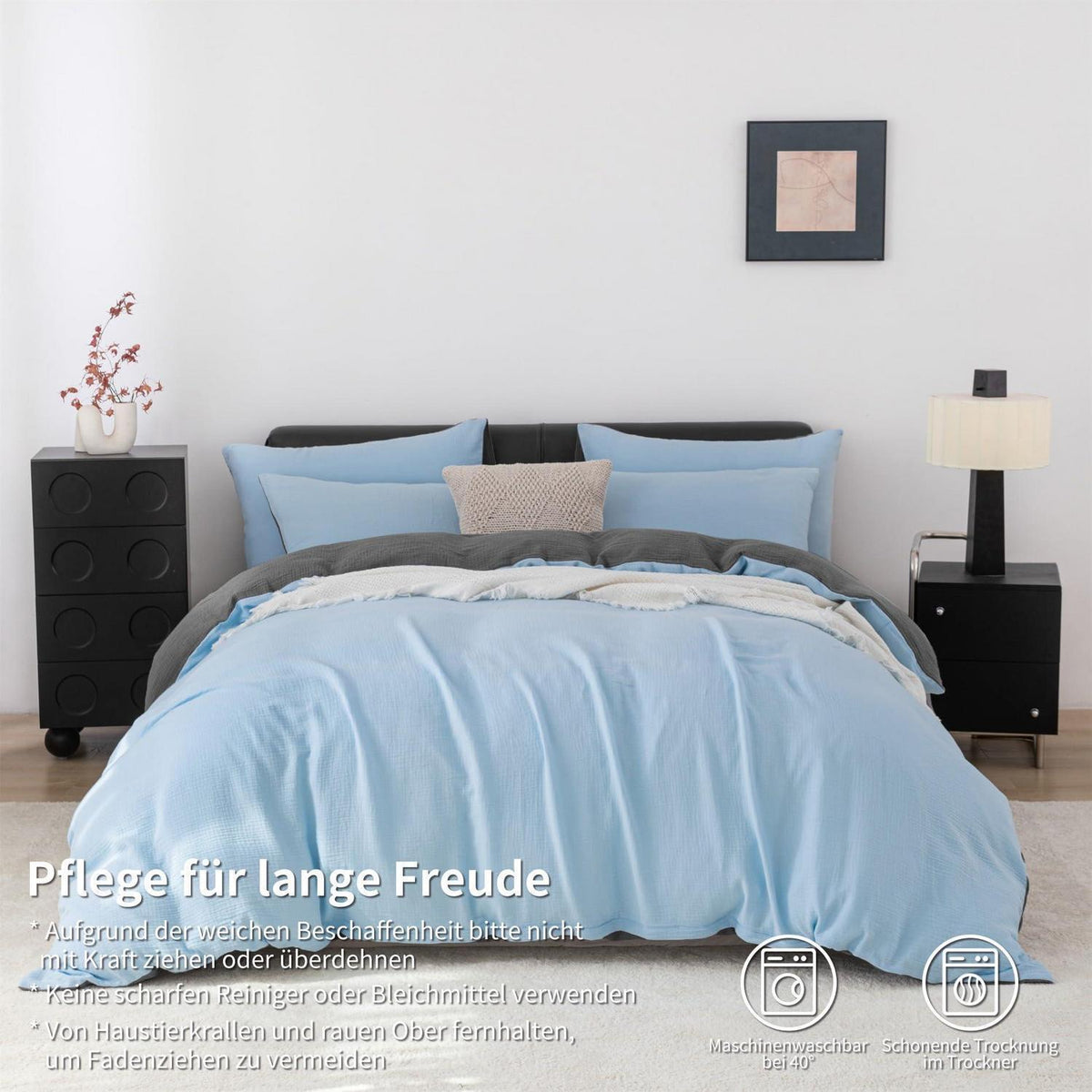 Doppelte Muslin Bettwäsche 200x200 Blau Grau – 3-teilig & Atmungsaktiv