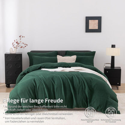 Doppelte Muslin Bettwäsche Dunkelgrün 220x240 cm - 3-teilig