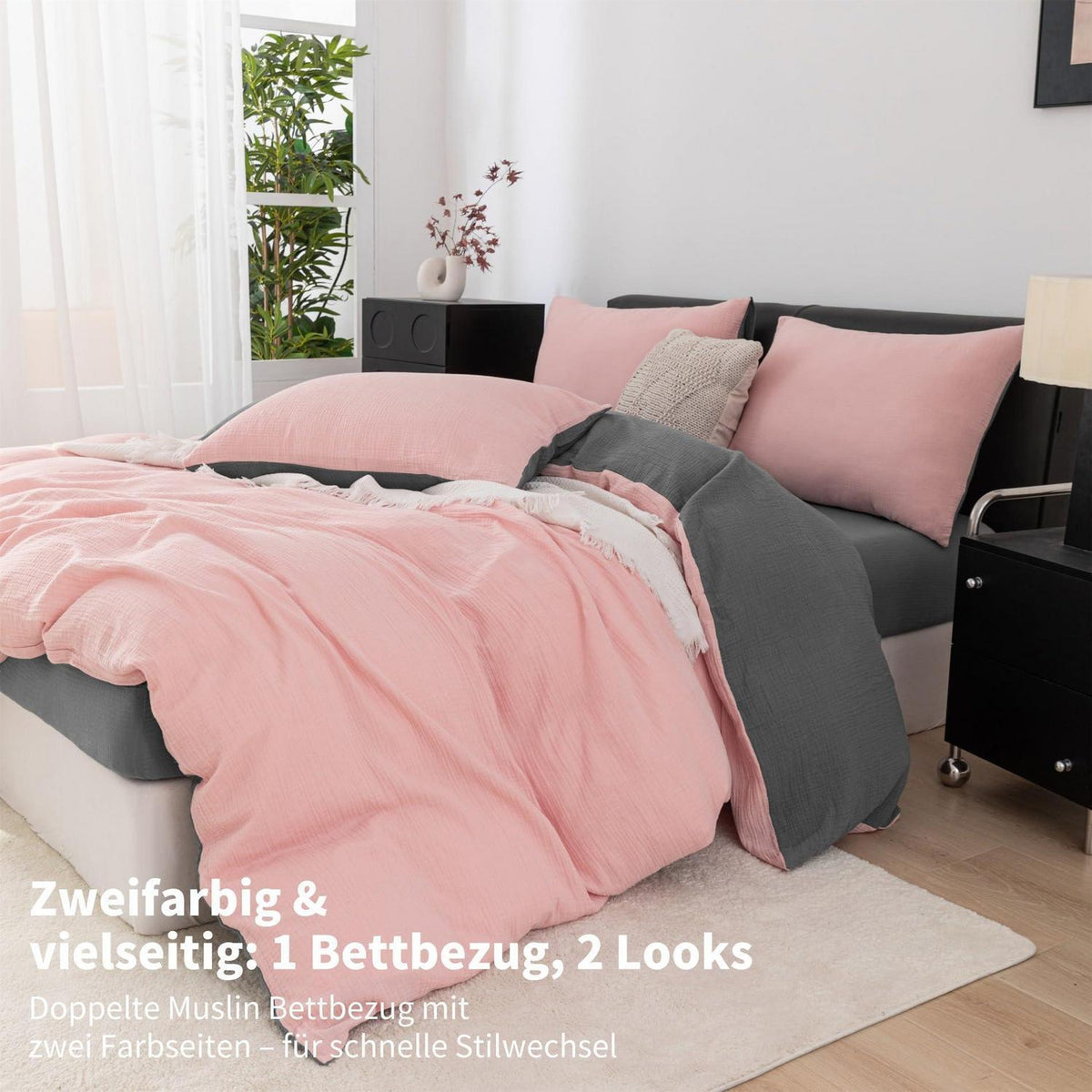 Doppelte Muslin Bettwäsche 200x200 Rosa Grau – Weich & Atmungsaktiv