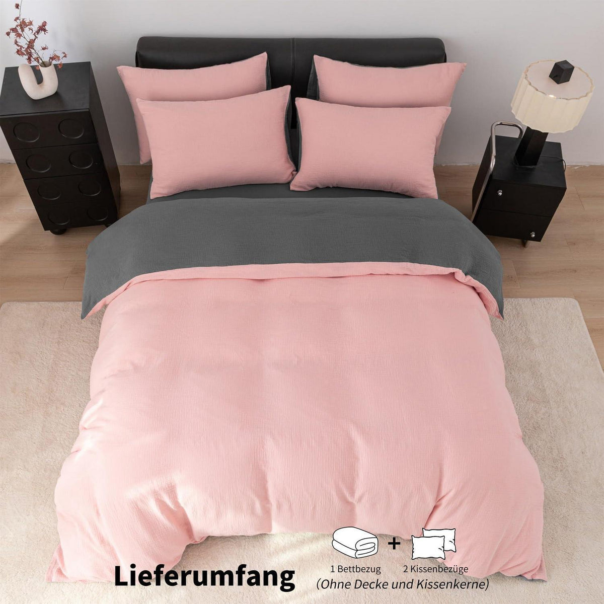 Doppelte Muslin Bettwäsche 200x200 Rosa Grau – Weich & Atmungsaktiv