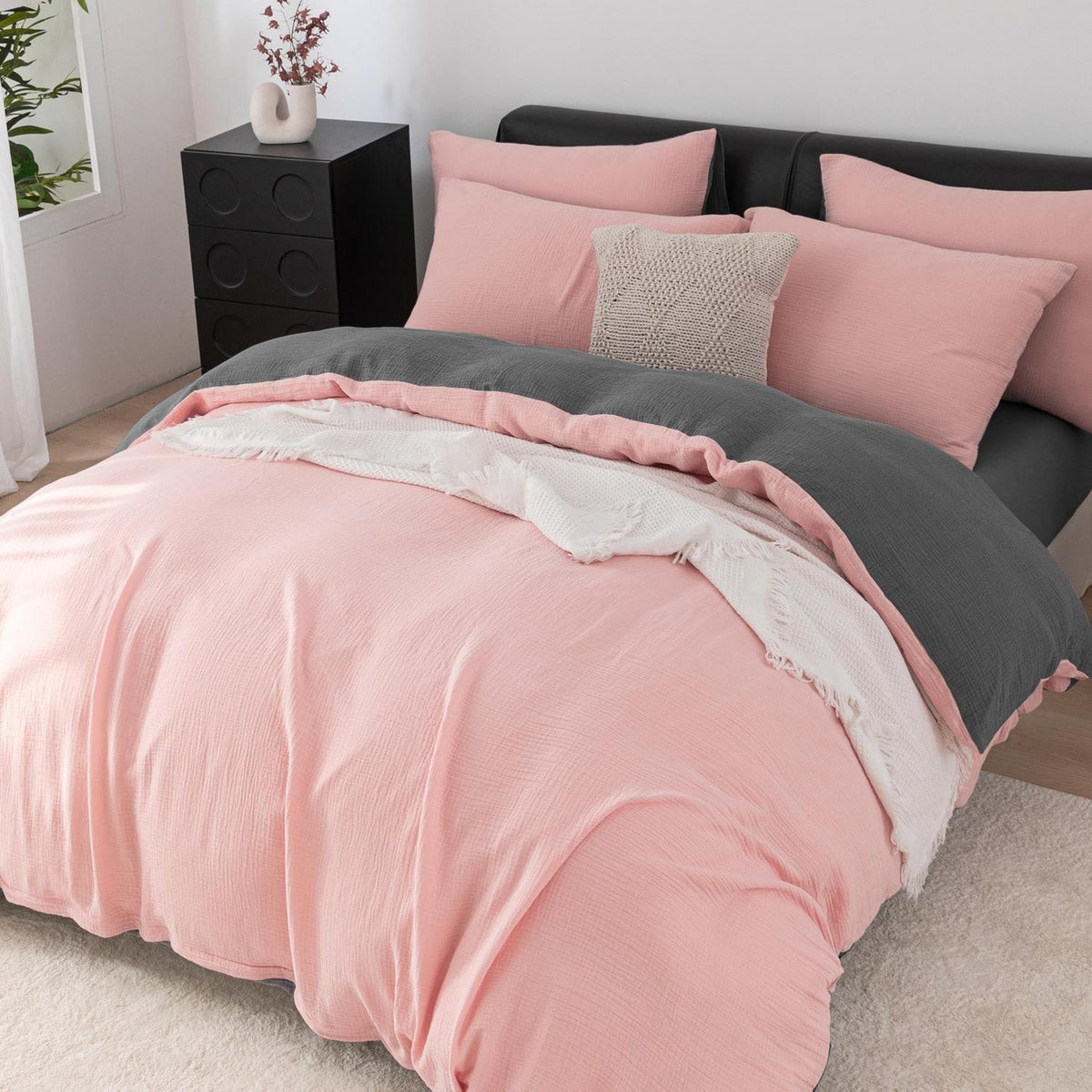 Doppelte Muslin Bettwäsche 200x220 Rosa Grau – Weich & Atmungsaktiv