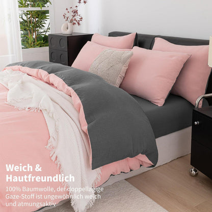 Doppelte Muslin Bettwäsche 200x220 Rosa Grau – Weich & Atmungsaktiv