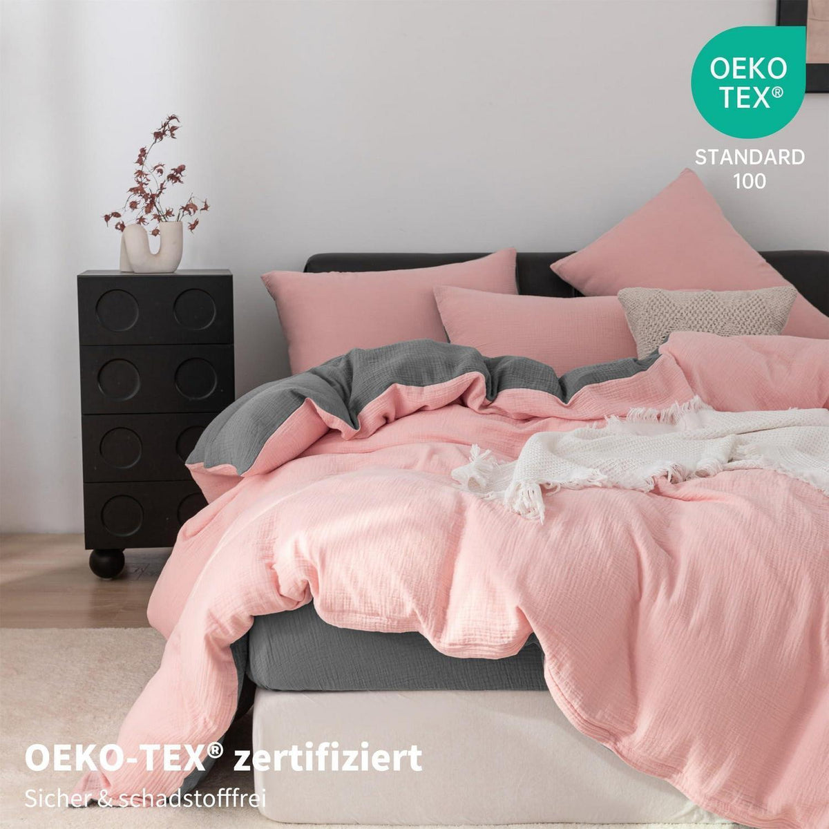 Doppelte Muslin Bettwäsche 200x220 Rosa Grau – Weich & Atmungsaktiv