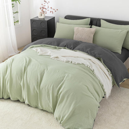 Doppelte Muslin Bettwäsche 200x200 Grün Grau – 3-teilig & Atmungsaktiv