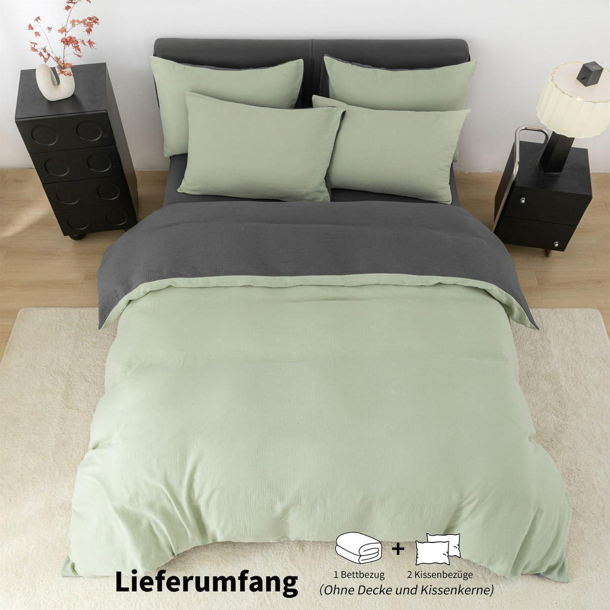 Doppelte Muslin Bettwäsche 200x200 Grün Grau – 3-teilig & Atmungsaktiv