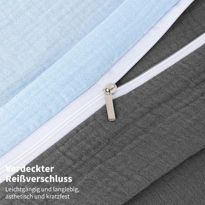 Doppelte Muslin Bettwäsche 220x240 Blau Grau – 3-teilig