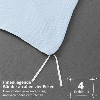 Doppelte Muslin Bettwäsche 220x240 Blau Grau – 3-teilig