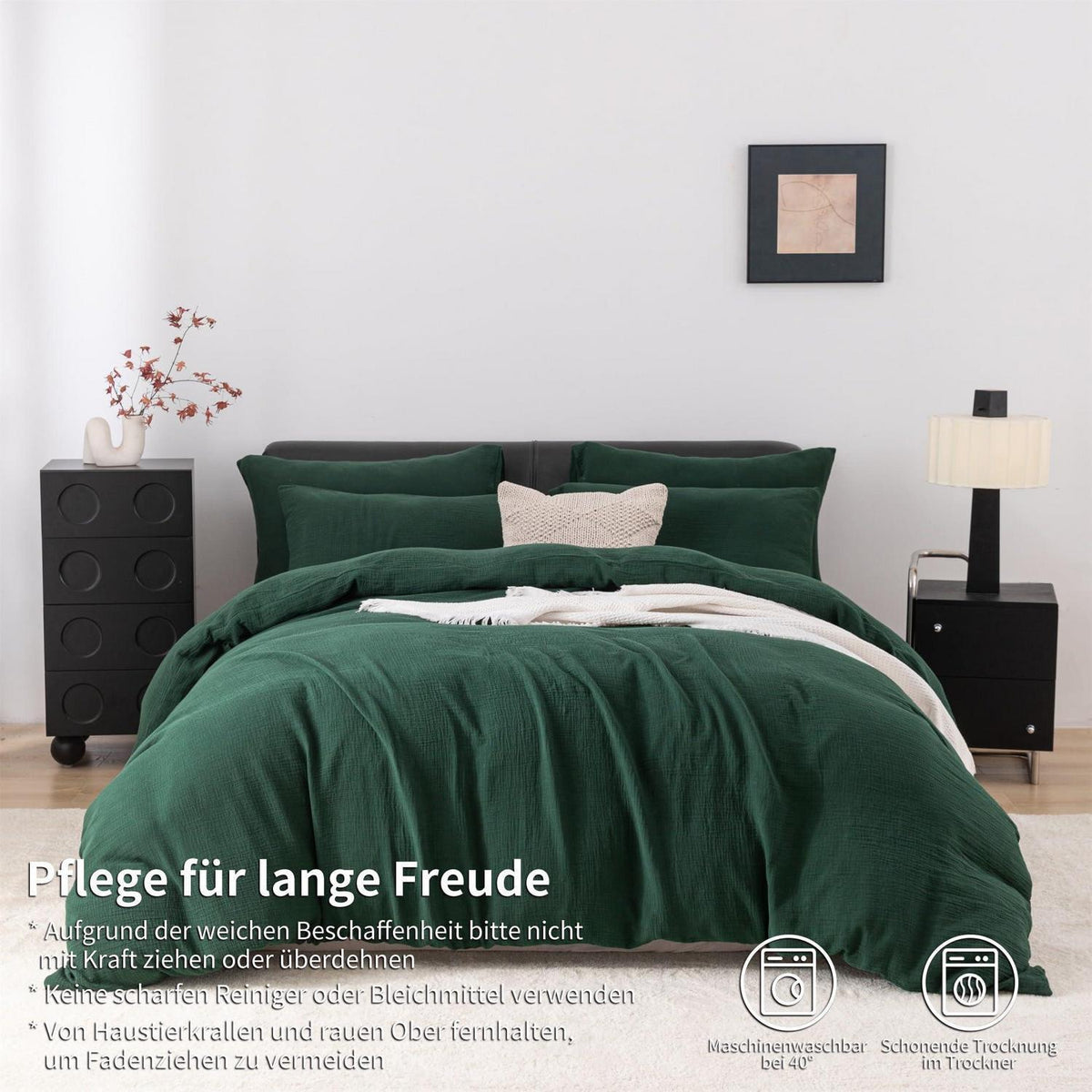 Doppelte Muslin Bettwäsche Dunkelgrün 200x220 cm - 3-teilig