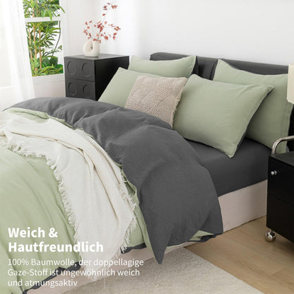 Doppelte Muslin Bettwäsche 200x220 Grün Grau – Weich & Atmungsaktiv
