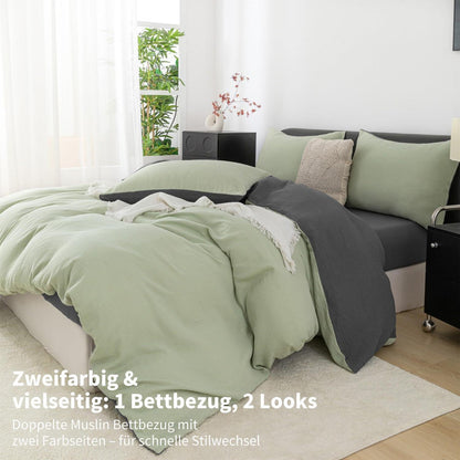 Doppelte Muslin Bettwäsche 200x220 Grün Grau – Weich & Atmungsaktiv