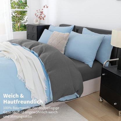 Doppelte Muslin Bettwäsche 200x220 Blau Grau – Weich & Atmungsaktiv