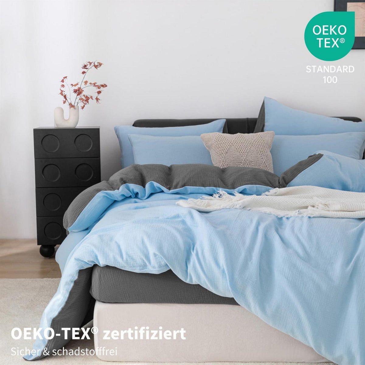 Doppelte Muslin Bettwäsche 200x220 Blau Grau – Weich & Atmungsaktiv