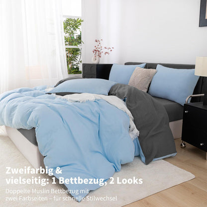 Doppelte Muslin Bettwäsche 200x220 Blau Grau – Weich & Atmungsaktiv