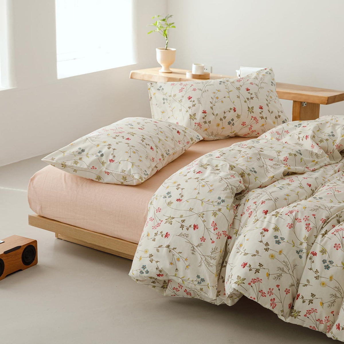Blumen Bettwäsche Set 135x200 cm Baumwolle Beige 4tlg.