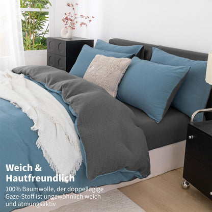 Doppelte Muslin Bettwäsche 200x200 Petrol Grau – 3-teilig