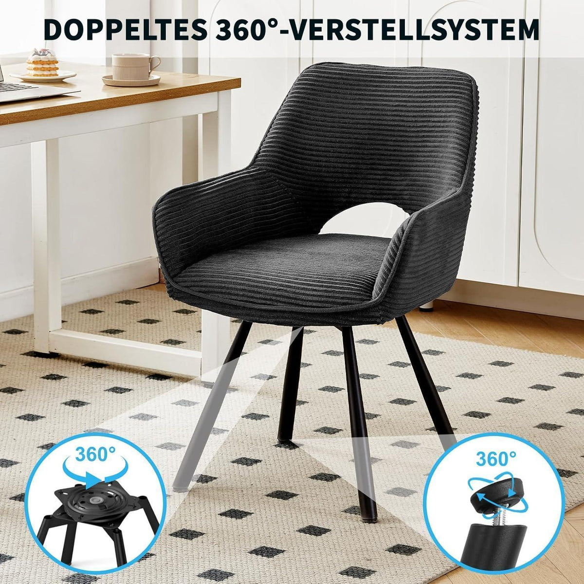 360° Drehbarer Esszimmerstuhl mit Armlehnen & Cordbezug Schwarz