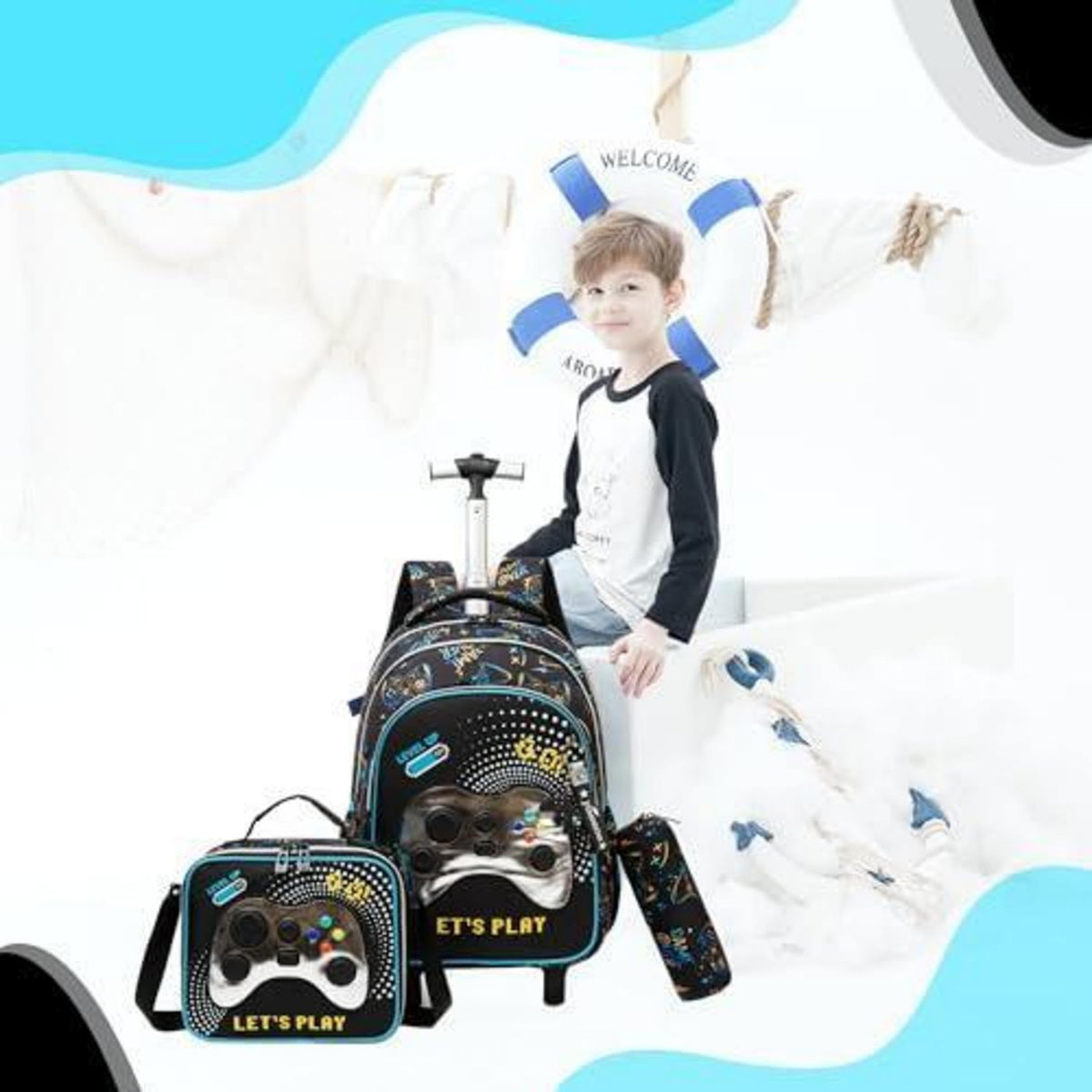 Schultrolley Rucksack für Jungen mit Rollen Weiß Game