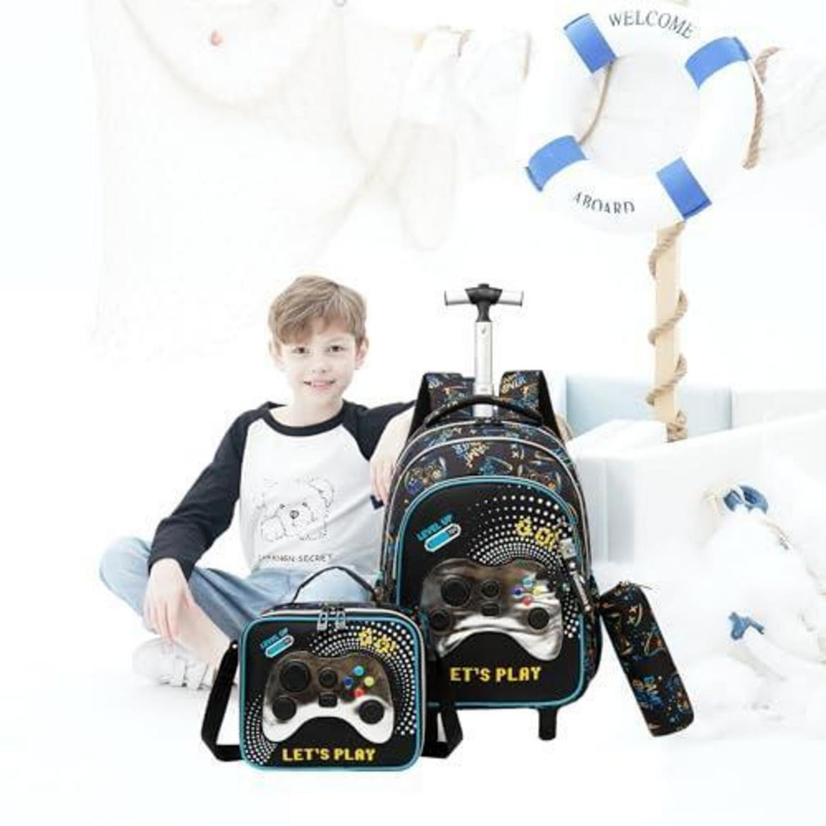 Schultrolley Rucksack für Jungen mit Rollen Weiß Game